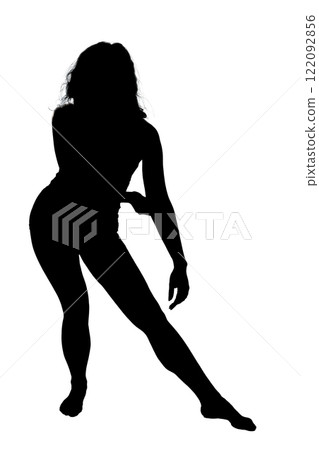 A beautiful silhouette of a woman gracefully dancing on a white background 122092856