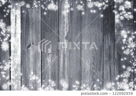 Old wooden christmas background. Snowflakes on worn boards. New Year . Old wooden christmas background. Snowflakes on worn boards. New Year . 122092859