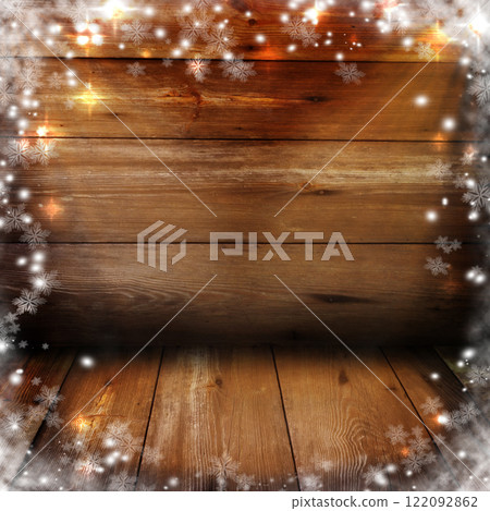 Christmas background with snow and lights on the old boards. 122092862