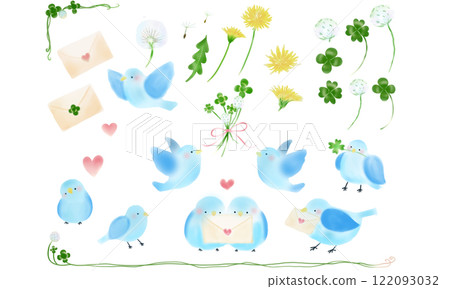 Set of illustrations of a small bird and a clover (light blue Set of illustrations of a small bird and a clover (light blue 122093032