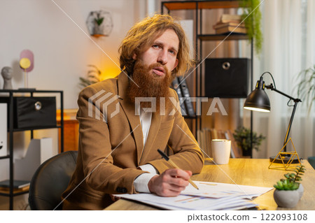 POV of businessman explaining showing report charts and graphs at home office table video call 122093108