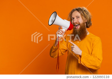 Caucasian man talking with megaphone proclaiming news loudly announcing advertisement discounts sale Caucasian man talking with megaphone proclaiming news loudly announcing advertisement discounts sale 122093110