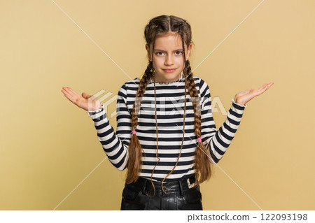 School preteen child girl asking why, what reason of failure, demonstrating disbelief by troubles 122093198