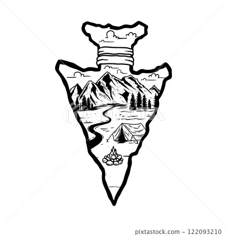 Camping emblem in arrowhead shape. Design element for poster, card, banner, emblem, sign. Vector illustration Camping emblem in arrowhead shape. Design element for poster, card, banner, emblem, sign. Vector illustration 122093210