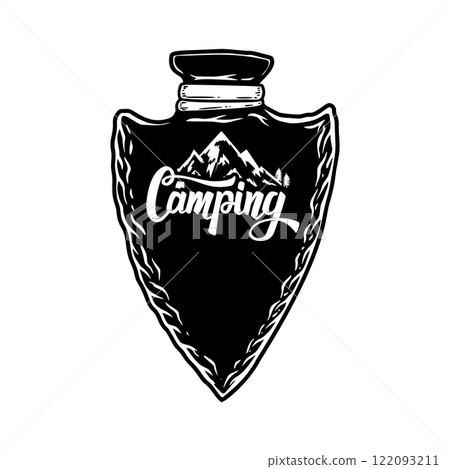 Camping emblem in arrowhead shape. Design element for poster, card, banner, emblem, sign. Vector illustration 122093211