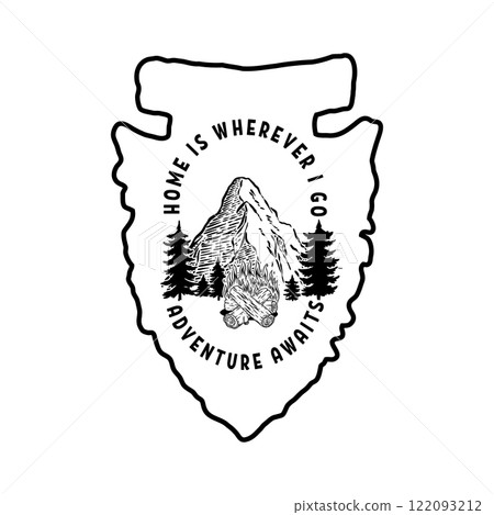 Camping emblem in arrowhead shape. Design element for poster, card, banner, emblem, sign. Vector illustration 122093212