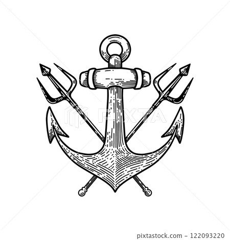 Illustration of sea anchor with crossed tridents. Design element for logo, sign, emblem. Vector illustration 122093220