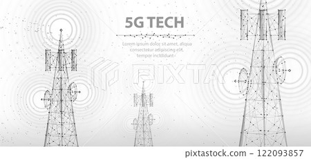 Abstract antenna mast on blue. 5G technology, telecommunication industry 122093857