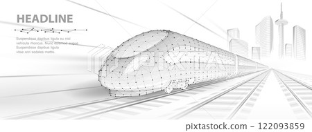 Fast express passenger train on high speed intercity railway moving from city. Futuristic technology. Modern town cityscape. 3d abstract railroad travel concept 122093859