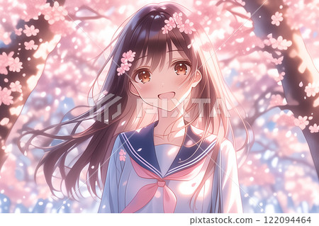 A cute smiling Japanese high school girl in uniform standing with cherry blossoms in the background 122094464