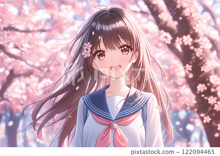 Smiling Japanese schoolgirl in uniform standing with cherry blossoms in the background 122094465