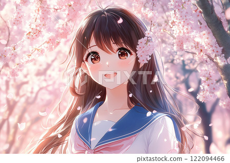 Smiling Japanese high school girl standing with cherry blossoms in the background 122094466