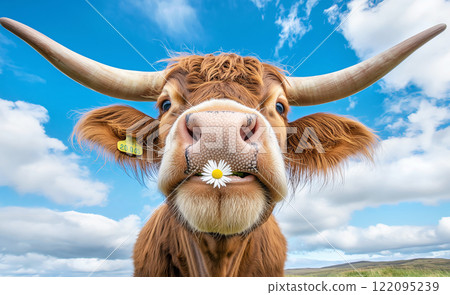Highland cow with daisy in mouth against blue sky and clouds Highland cow with daisy in mouth against blue sky and clouds 122095239