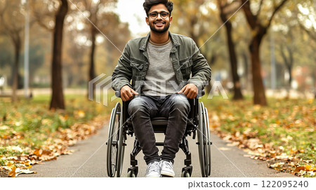 Young disabled indian man in wheelchair enjoying vibrant autumn day in park Young disabled indian man in wheelchair enjoying vibrant autumn day in park 122095240