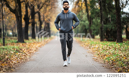 Indian Man walking in park during autumn season wearing gray tracksuit 122095251