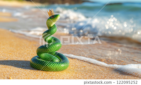 Christmas tree shape Crowned green snake on sandy beach with ocean waves in background 122095252