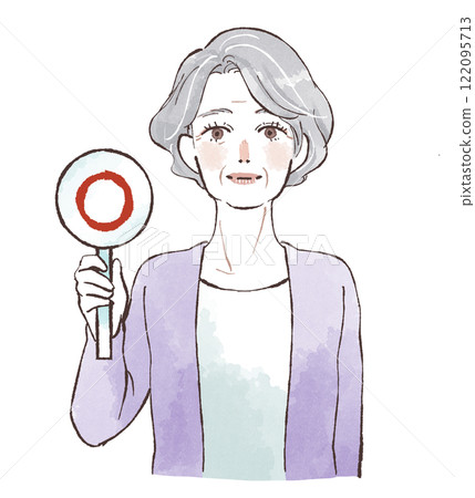 Senior woman holding a circle placard 122095713