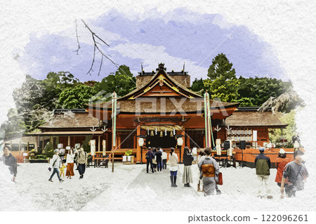 水彩畫風富士山本宮淺間大社參拜殿靜岡縣富士宮市 122096261