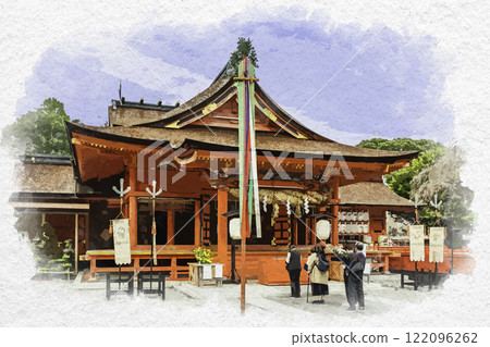 水彩畫風富士山本宮淺間大社參拜殿靜岡縣富士宮市 122096262