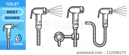 Toilet bidet shower water spray, WC restroom hand sprayer for body hygiene wash clean after lavatory pan use line icon. Bathroom sanitary faucet near closet bowl. Washroom plumbing equipment. Vector 122096275