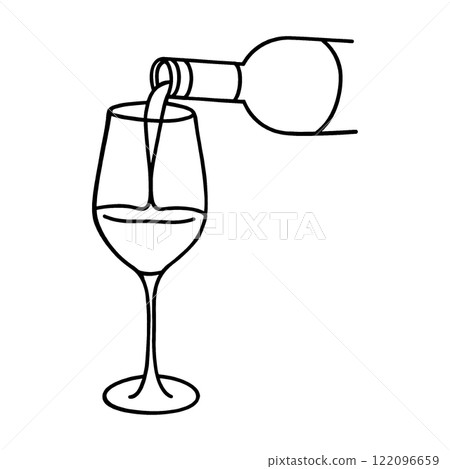 手繪線條圖描繪了將葡萄酒從酒瓶倒入透明背景上的玻璃杯中的時刻。 122096659