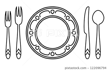 法國課程表設置的線條畫插圖，配有盤子和餐具，透明背景上的切口 122096794