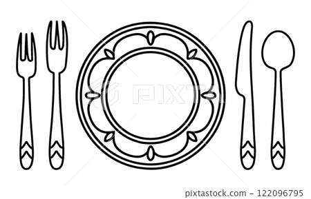 法國課程表設置的線條畫插圖，配有盤子和餐具，透明背景上的切口 122096795