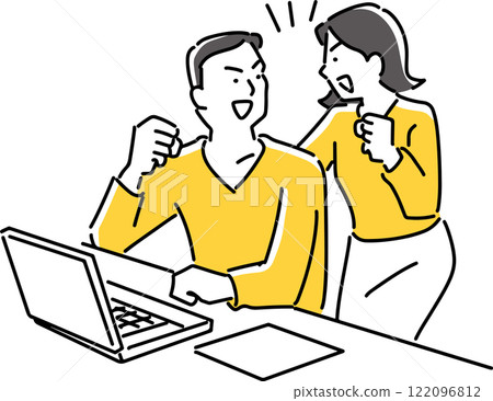 A couple posing in front of a computer 122096812