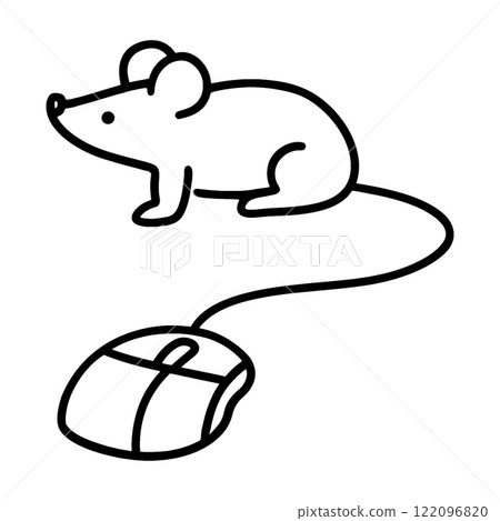 Rough hand-drawn line drawing of a mouse connected to a computer mouse, cut out on a transparent background 122096820
