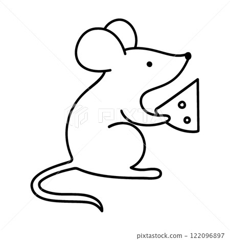 Rough hand-drawn line drawing illustration of a mouse holding cheese with holes, cut out on transparent background 122096897