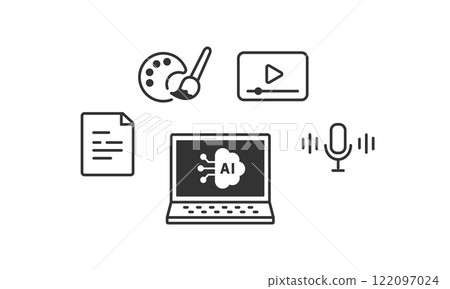 插圖向量圖示集，說明您可以使用產生 AI 執行哪些動作（線圖、黑白） 122097024