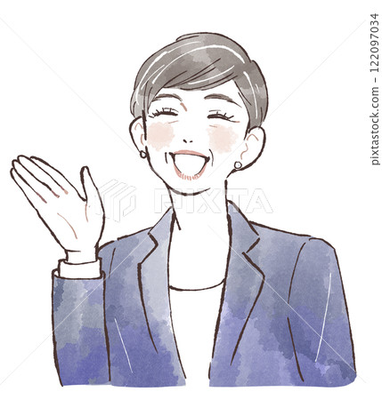 A smiling middle-aged woman in a suit giving directions 122097034