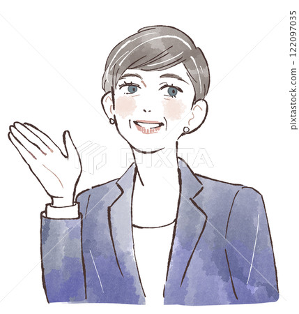 一位穿著西裝微笑的中年女士引導你 122097035