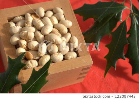 紅色背景方形中的大豆和冬青葉 122097442