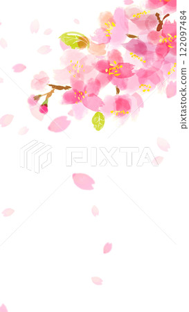 水彩櫻花樹枝和舞動花瓣的框架（垂直） 122097484
