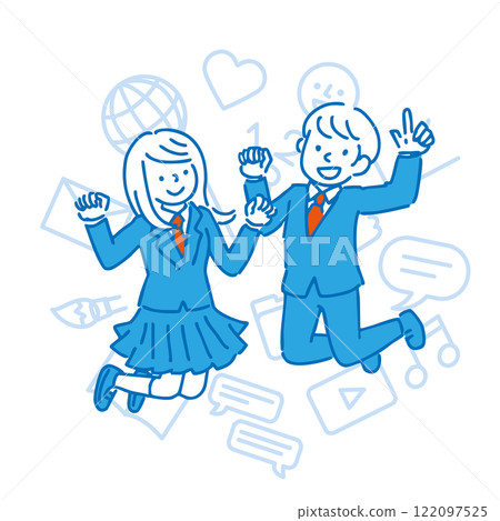 Illustration of men and women in uniforms jumping, background, with icons Illustration of men and women in uniforms jumping, background, with icons 122097525
