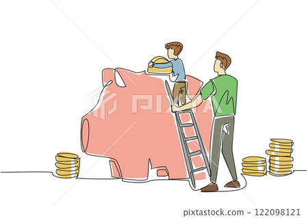 Single one line drawing boy climbs piggy bank using ladder and puts big coin into it. Get support to always save money. National Teach Children to Save Day. Continuous line design graphic illustration 122098121