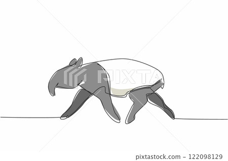Single one line drawing tapir pose. The characteristic of this animal is that it has a unique nose. This animal is almost extinct. Tapirus. World Tapir Day. Continuous line design graphic illustration 122098129