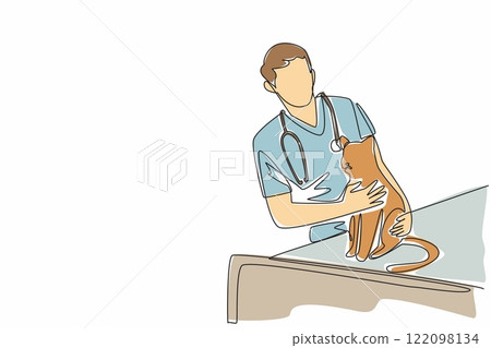 Continuous one line drawing male veterinarian embracing cat sitting on treatment bed. Showing affection. Caring with full affection. World Veterinary Day. Single line draw design vector illustration 122098134