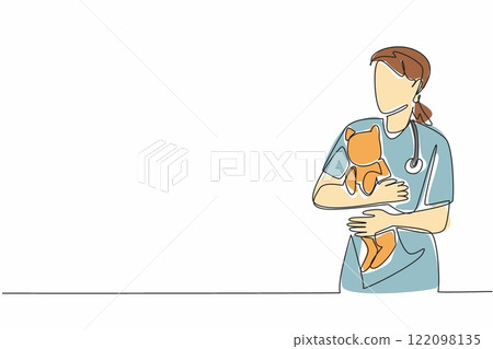 Single continuous line drawing female veterinarian holding a cat. Calming before taking further action. Do it voluntarily. The professional. World Veterinary Day. One line design vector illustration 122098135