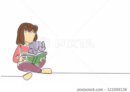 Single one line drawing girl sitting crossed legs hugging elephant doll and reading story book. Tell best habitat of elephants. National Tell a Story Day. Continuous line design graphic illustration 122098136