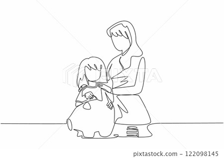 Continuous one line drawing mother holding her daughter who is putting coins into a piggy bank. Agree in body language. National Teach Children to Save Day. Single line draw design vector illustration Continuous one line drawing mother holding her daughter who is putting coins into a piggy bank. Agree in body language. National Teach Children to Save Day. Single line draw design vector illustration 122098145