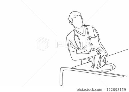 Continuous one line drawing male veterinarian embracing cat sitting on treatment bed. Showing affection. Caring with full affection. World Veterinary Day. Single line draw design vector illustration 122098159
