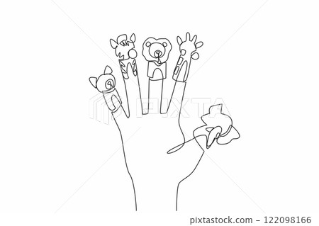 Single one line drawing finger puppet on all fingers. Friendship between elephant, lion, giraffe, zebra, civet. Great performance. National Day of Puppetry. Continuous line design graphic illustration Single one line drawing finger puppet on all fingers. Friendship between elephant, lion, giraffe, zebra, civet. Great performance. National Day of Puppetry. Continuous line design graphic illustration 122098166