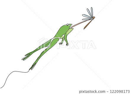Continuous one line drawing frog jumping with tongue sticking out to prey on dragonfly. Natural response. Hungry. Attempt to get food. Save The Frogs Day. Single line draw design vector illustration 122098173