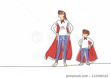 Continuous one line drawing mother and son stood and both hands held their waists. Two superheroes in a compact pose. Super family. Autism Super Mom Day. Single line draw design vector illustration 122098183
