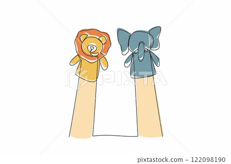 Continuous one line drawing 2 hands with elephant and lion hand puppets in the hands. The story of their friendship. Suitable. National Day of Puppetry. Single line draw design vector illustration Continuous one line drawing 2 hands with elephant and lion hand puppets in the hands. The story of their friendship. Suitable. National Day of Puppetry. Single line draw design vector illustration 122098190