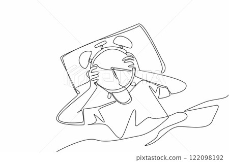 Single continuous line drawing person lying on bed holding alarm clock and covering his head. The organ of body systems work at certain hours. Biological Clock Day. One line design vector illustration Single continuous line drawing person lying on bed holding alarm clock and covering his head. The organ of body systems work at certain hours. Biological Clock Day. One line design vector illustration 122098192