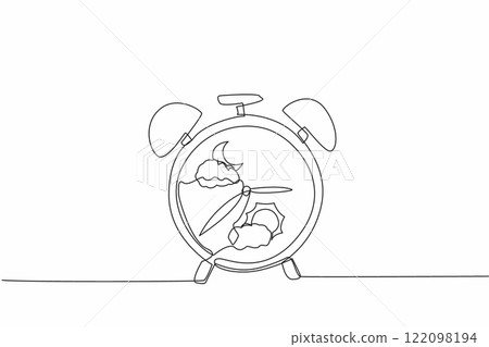 Single one line drawing alarm clock which has a picture of a cloudy crescent moon and a picture of a cloudy sun. Circadian rhythm. Biological Clock Day. Continuous line design graphic illustration 122098194