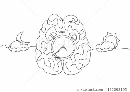 Single continuous line drawing in middle of brain is alarm clock, with a cloudy sun and a cloudy crescent moon. Automatic system of body. Biological Clock Day. One line design vector illustration 122098195